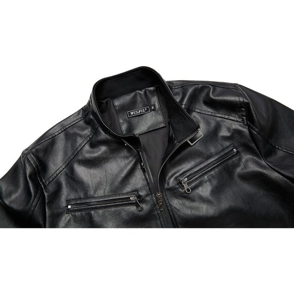 Men's Black0072 Stand Collar Leather Motorcycle Lightweight Faux Leather Jacket - Picture 5 of 6